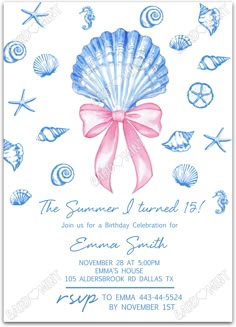 a birthday party with blue and pink seashells on the front, white background