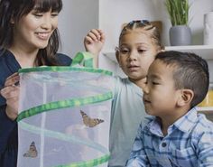 two children and an adult looking at a butterfly net