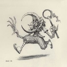 a drawing of a demon running with two hands in the air and holding an umbrella