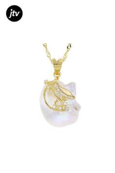 Genusis��� 10-11.5mm white cultured freshwater pearl and 0.10ctw white diamond simulant 18k yellow gold over sterling silver pendant with 18-inch chain. Measures approximately 1 3/8" L x 7/16" W. Bail measures approximately 3mm. Chain measures approximately 1/32 of an inch in width and has a lobster claw clasp. Colors, shapes, and sizes may vary. Yellow Gold Cubic Zirconia Jewelry With Pearl Charm, Gold Jewelry With Pear-shaped Diamond Accents, Pear-shaped Gold Jewelry With Diamond Accents, Pear-shaped Pearl Charm Jewelry With Cubic Zirconia, Pear-shaped Pearl Pendant Jewelry With Cubic Zirconia, Pearl Jewelry With Diamond Accents In Pear Shape, White Cubic Zirconia Jewelry With Pearl Charm, Pear-shaped Pearl Jewelry With Diamond Accents, Pear Shaped Pearl Jewelry With Diamond Accents