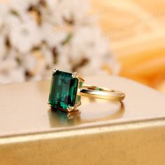 Double Prongs RingSolitaire Emerald Ring4.2CT Lab Created | Etsy Emerald Ring Designs For Women, Emerald Green Rings, Emerald Engagement Ring Gold, Emerald Ring Design, Engagement Ring Band, Emerald Ring Gold, Green Stone Rings, Future Engagement Rings, Lab Created Emerald