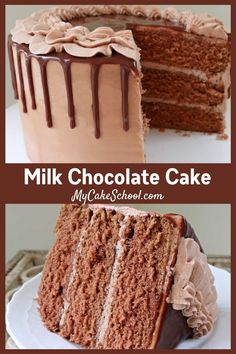 chocolate cake with frosting on top and the bottom half cut in half, sitting on a white plate