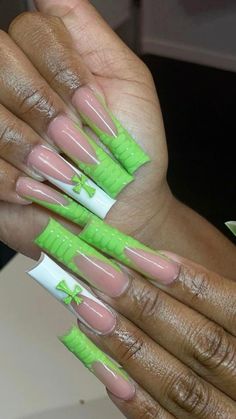 Aclyric Nails, Nail Inspo 2023, Green French Tip Nails, Green French Tip, Nails Charms, Nail Video, Poppin Nails, Fye Nails, Business Nails