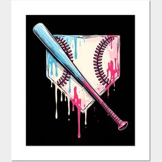 a baseball bat and ball with paint drips on the black background in a white frame