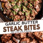 there is a sign that says garlic butter steak bites in front of other food items