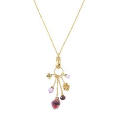 Gold Tone Amethyst Color Multi Charm Hand Necklace 30 In Multi Charm Necklace, Dainty Charm Necklace, Channel Jewelry, Hand Pendant, 1928 Jewelry, Hand Necklace, Vintage Inspired Jewelry, Amethyst Color, Amethyst Jewelry