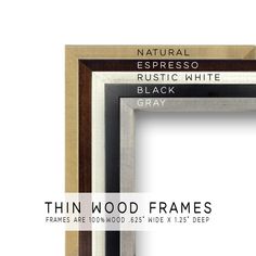 three frames with different types of wood and white paint on the sides, one is black