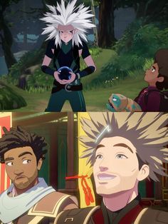 two anime characters, one with white hair and the other with black hair in front of trees