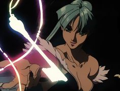 an anime character holding a light saber in her hand