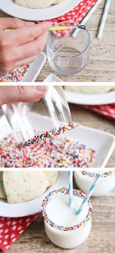 the process to make sprinkle covered cookies is shown in three different pictures, including one being dipped with icing