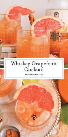 the whiskey grapefruit cocktail is garnished with an orange slice and served in glasses