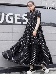 Sku CY-!25391 Material Cotton-blend , >70%Cotton , Dacron Style Loose , A-line , Plus Size Feature Polka-dot Occasion Casual , Vacation , Urban Seasons Summer Type Maxi Dresses Color BLACK,WHITE Size FREE SIZE Size chart: Please consult the size chart we provide for this item's measurements to help you decide which size to buy. Please note: There may be 1-3cm differ due to manual measurement. CMINCH Cm Bust Shoulder Length FREE SIZE 120 36 126 Polka Dot A-line Spring Midi Dress, Spring A-line Polka Dot Midi Dress, Polka Dot A-line Midi Dress For Spring, Casual Polka Dot Maxi Dress With Short Sleeves, Casual Polka Dot Short Sleeve Maxi Dress, A Line Long Dress, Big Size Dress, Artsy Outfit, Artsy Style