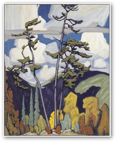 a painting of trees in the mountains with clouds above them and snow on the ground