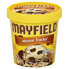 a tub of ice cream with chocolate chip toppings on it's top and the word mayfield