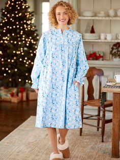 This all-cotton flannel nightgown features the best of Lanz of Salzburg's sleepwear. It's made of Lanz's signature flannel brushed on both sides for added softness, loft, and warmth, and it has a generous fit for all-night comfort. The best part? It has the sweetest kitty print that'll instantly win cat lovers over. Brushed all-cotton flannel Easy A-line silhouette Ruffled details at the collar, bodice, and cuffs Lanz's signature heart-shaped buttons Approx. 42" long 100% cotton Machine wash and dry Imported Exclusive to The Vermont Country Store Coordinating Lanz Playful Kittens Flannel Pajama Set (#91601), sold separately | Lanz Playful Kittens Flannel Nightgown - Blue - Large - The Vermont Country Store Flannel Nightgown, Vermont Country Store, Flannel Pajama Sets, Flannel Pajamas, Country Store, Sleepwear & Loungewear, Salzburg, Cotton Flannel, Vermont