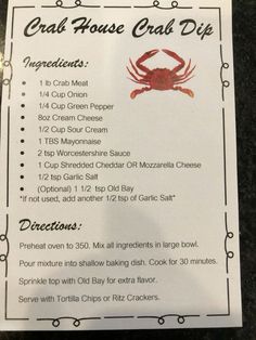 the menu for crab house crab dip