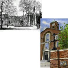 an old and new photo of a building with trees in the foreground, and a black and white photograph of a clock tower