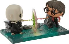 two harry potter figurines sitting on a table with an experiment in front of them