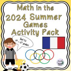 a sign that says math in the summer games activity pack with a girl holding a trophy