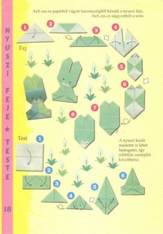 the instructions for how to make origami flowers and frog paper crafts are shown