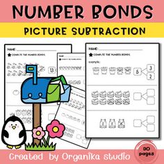 the number bonds picture subtraction worksheet is shown with an image of a mailbox