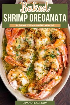 baked shrimp in a white casserole dish with text overlay