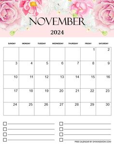 the november calendar with pink roses on it