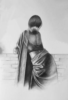 a pencil drawing of a woman in a dress looking over a brick wall with her back to the camera