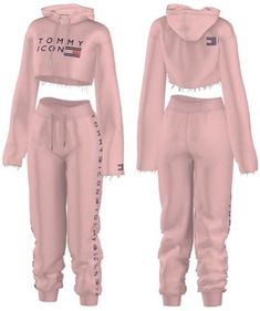 two pieces of pink sweatsuits with the words tommy on it and an american flag