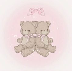 two brown teddy bears sitting next to each other on top of a pink background with hearts