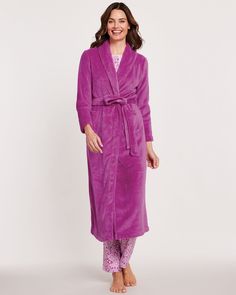 Our Cozy Knit Plush Tie Robe is the perfect addition to your loungewear routine! This cozy must-have features a shawl collar, open front, self-tie belt, convenient front patch pockets with rounded bottom corners, long sleeves, and a straight bottom. • Cozy Knit Plush Tie Robe. • Shawl collar. • Open front. • Self-tie belt. • Convenient front patch pockets with rounded bottom corners. • Long sleeves to keep you warm. • Straight bottom. • Back body length approx. 51"L. • Hits above ankle. • Polyes Knit Plush, Purple Orchids, Pajama Robe, Cozy Knit, Sleepwear & Loungewear, Cozy Knits, Sleepwear Women, Shawl Collar, Tie Belt