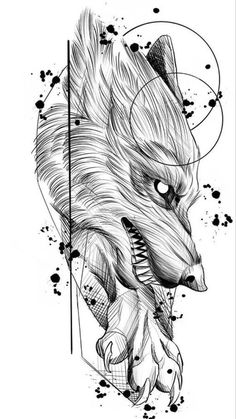 an ink drawing of a wolf's head