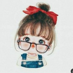 a drawing of a girl with glasses and a red bow on her head, wearing overalls