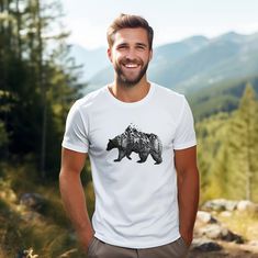 Made from very soft cotton, this tee is super comfortable for an active lifestyle. With high quality print, The Grizzly Forest Tee is perfect for the adventurous, outdoorsy nature lover! Made from my original black ink illustration. Available in multiple colours. - Bella+Canvas unisex fit - Lightweight cotton - Easy to layer & accessorize, breathable. Perfect for active and leisure wear. - The tear-away label - Solid colours are made with 100% Airlume combed and ring-spun cotton. Fabric blends: Ash and Heather Prism colors - 99% Airlume combed and ring-spun cotton, 1% polyester; Heather colors - 52% cotton, 48% polyester; Athletic Heather 90% cotton, 10% polyester. -- SIZE AND FITS -- - Please check the size charts in the photos carefully before you place your order. - TIP: If unsure of si White Relaxed Fit T-shirt For Outdoor Activities, White Cotton T-shirt For Outdoor, Outdoor Cotton T-shirt With Sublimation Print, White T-shirt For Outdoor Activities, Sporty Pre-shrunk T-shirt For Outdoor, White Relaxed Fit T-shirt For Outdoor, White Sublimation Print T-shirt For Outdoor, White T-shirt With Sublimation Print For Outdoor Activities, White Short Sleeve T-shirt For Outdoor Activities