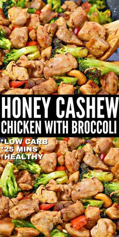 honey cashew chicken with broccoli in a skillet