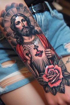 Holy Tattoos, Mens Body Tattoos, Catholic Tattoos, Half Sleeve Tattoos Forearm, Christ Tattoo, Beautiful Flower Tattoos, Religious Tattoo, Jesus Tattoo