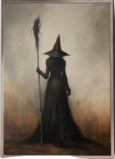 a painting of a woman dressed in black holding a broom and wearing a witch hat