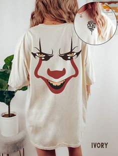 Halloween Shirt, Comfort Colors®, You'll Float Too Scary Clown Halloween Tee, Horror Movie Fan TShirt, Fall Shirts for Men or Women SIZE UP for an OVERSIZED FIT (see size chart in listing photos). Are you looking for additional Fall or Halloween themed graphic tees? Check out the following: https://www.etsy.com/shop/TheGraphicPeach?ref=seller-platform-mcnav§ion_id=30182981 Our shop uses direct-to-garment printing to make our products. The design ink is sprayed on, then allowed to soak into the fibers of the garment. This process yields fine quality prints and a smooth finish on the garment. COMFORT COLORS Garment-dyed t-shirt, made 100% with ring-spun cotton. The soft-washed, garment-dyed fabric brings extra coziness to your wardrobe while the relaxed fit makes it an excellent daily choice Graffic T Shirt, White Novelty Tops With Character Print, Halloween Novelty Shirt With Graphic Print, Halloween Streetwear Shirt With Sublimation Print, Halloween Horror Tops With Sublimation Print, Fun Halloween Tops With Sublimation Print, Novelty Halloween Graphic Print Shirt, Halloween Pop Culture Cotton Shirt, Halloween Novelty Cotton Shirt