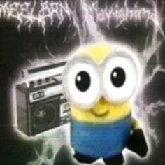 a minion is holding a boombox in front of a black background with lightning