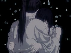 an anime scene with two people hugging each other in the dark, and snow falling around them