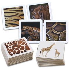 four coasters with pictures of animals and giraffes