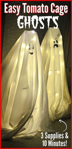 two white ghost bags with faces on them and the words easy tomato cage ghosts written below