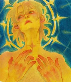 a drawing of a woman with her hands on her chest and the sun above her head