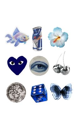 an assortment of different items are shown on a white background, including blue and silver objects