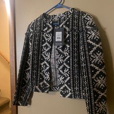 Who What Wear Black And White Aztec Print Jacket Size Small. New With Tags. Casual Black And White Long Sleeve Outerwear, Black And White Aztec, White Trench Coat, Fringe Coats, Brown Faux Leather Jacket, Cape Blazer, Black And White Jacket, Suede Coat, Grey Coat