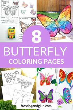 butterfly coloring pages for kids with the title, 8 butterfly coloring pages and instructions to make them