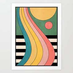 an abstract painting with multicolored lines and circles in the center on a white wall