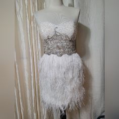 White, Ostrich Feather, Beaded, Cocktail Dress. Tag Says Size 10. However, It's A S/M. Measurements: Bust: 34 Waist: 28 Hips: 38 Beaded Cocktail Dress, Ostrich Feather, Ostrich Feathers, Colorful Dresses, Cocktail Dress, Size 10, Size 6, Mini Dress, Womens Dresses