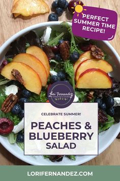 Vibrant summer salad with juicy peaches, plump blueberries, and creamy goat cheese on a bed of mixed greens, topped with maple spicy pecans Spicy Pecans, Maple Dressing, White Balsamic, Bleu Cheese, Easy Summer Meals, Peach Slices