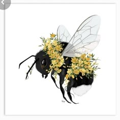 a drawing of a bee with yellow flowers on it's back legs and wings